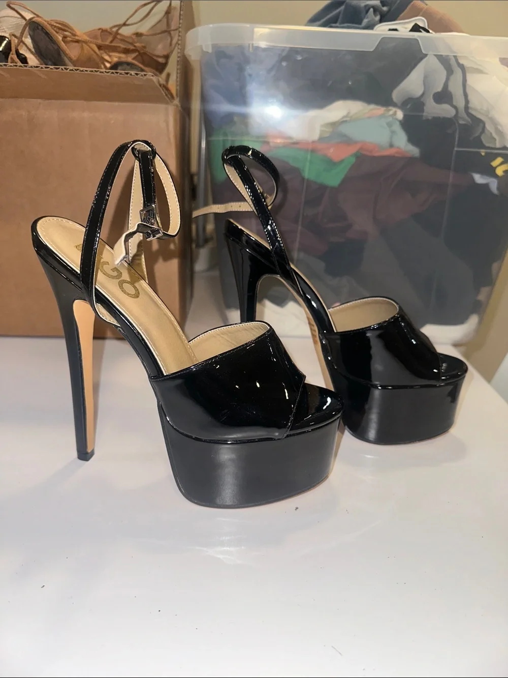 EGO Black Patent Platform Ankle-Strap Heels